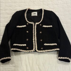 J.ING Black Cropped Tweed Blazer with Cream Fringe Trim